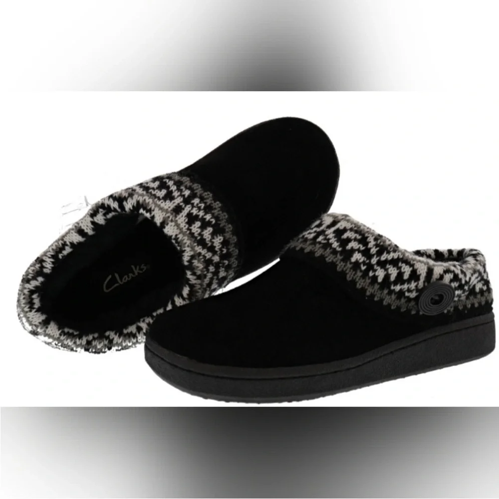 Clarks leather indoor outdoor Women's Black Slippers fleece lined - Picture 3 of 16